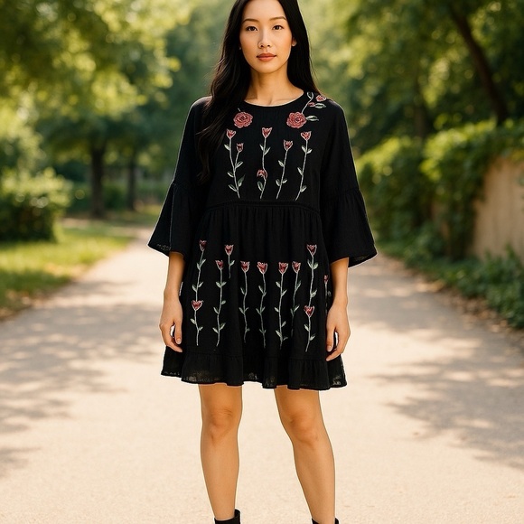 Black Embroidered Tunic Floral Dress, Rayon, Bell Sleeves Keyhole Back Size XXL - Picture 9 of 11